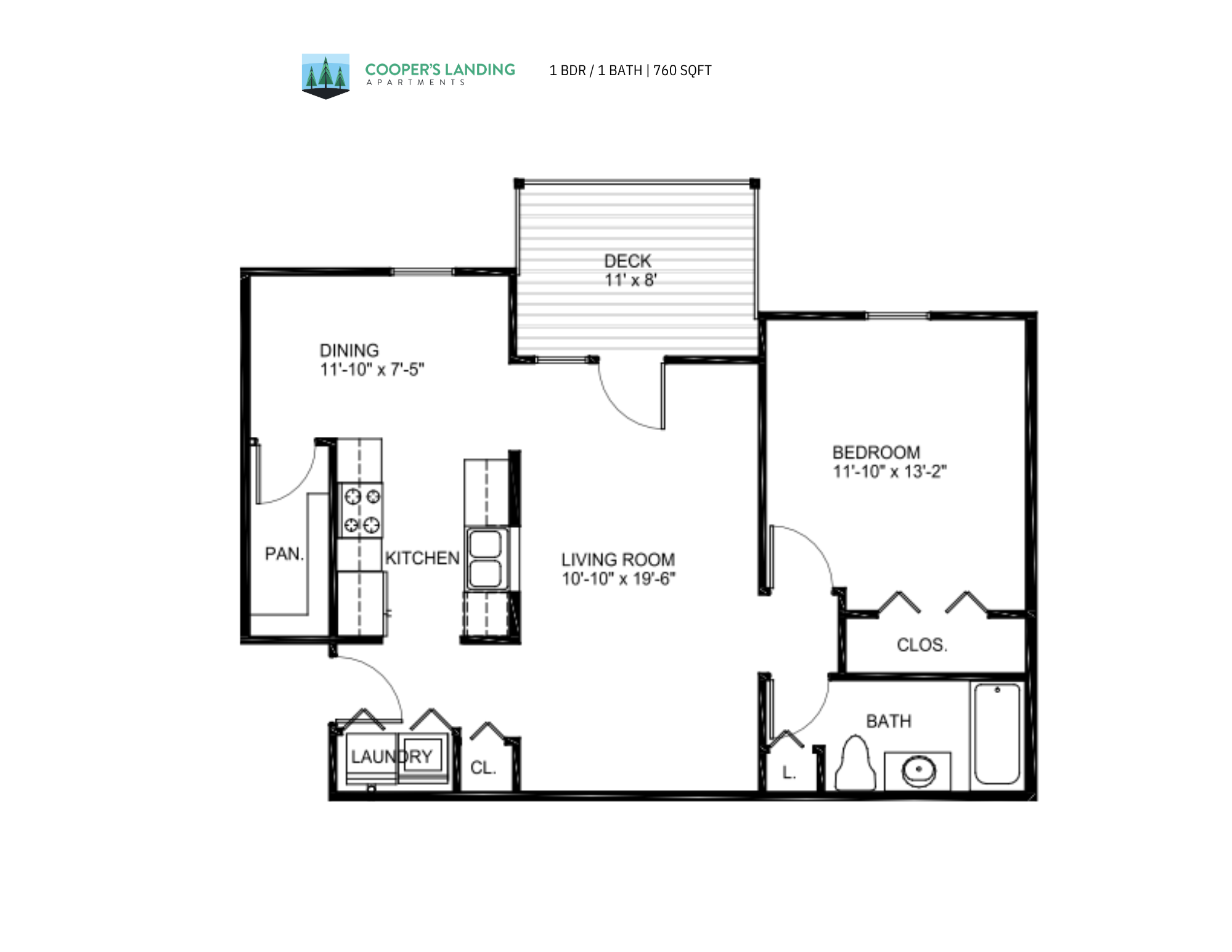 Floor plan for 1 bed, 1 bath, 760 sqft